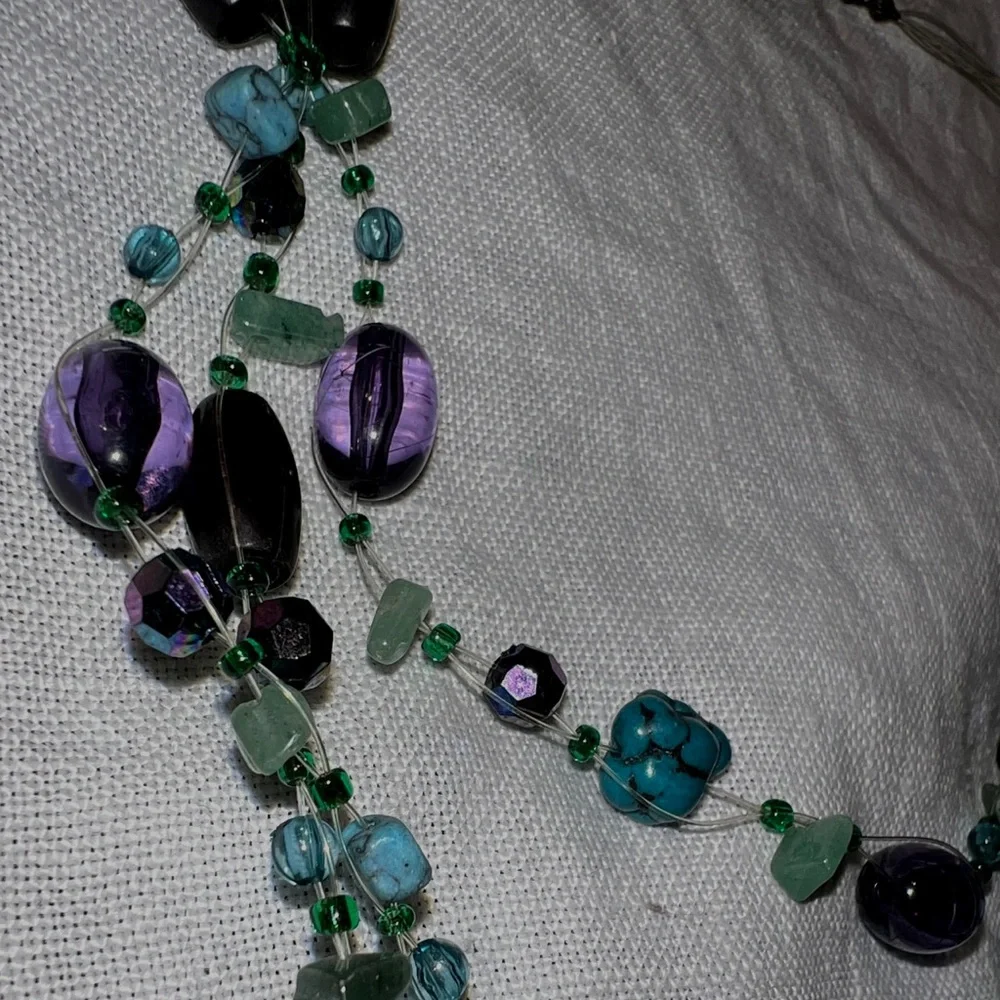 Vintage‎ Purple and Teal necklace set 18in glass beads festival multi strand